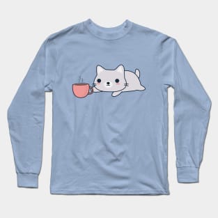 Kawaii Coffee Drinking Cat Long Sleeve T-Shirt